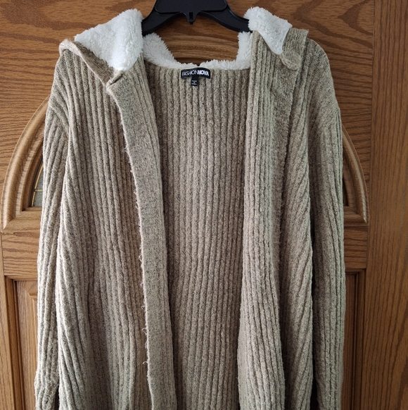 Fashion Nova Ribbed Hooded Cardigan in Taupe - Picture 3 of 6
